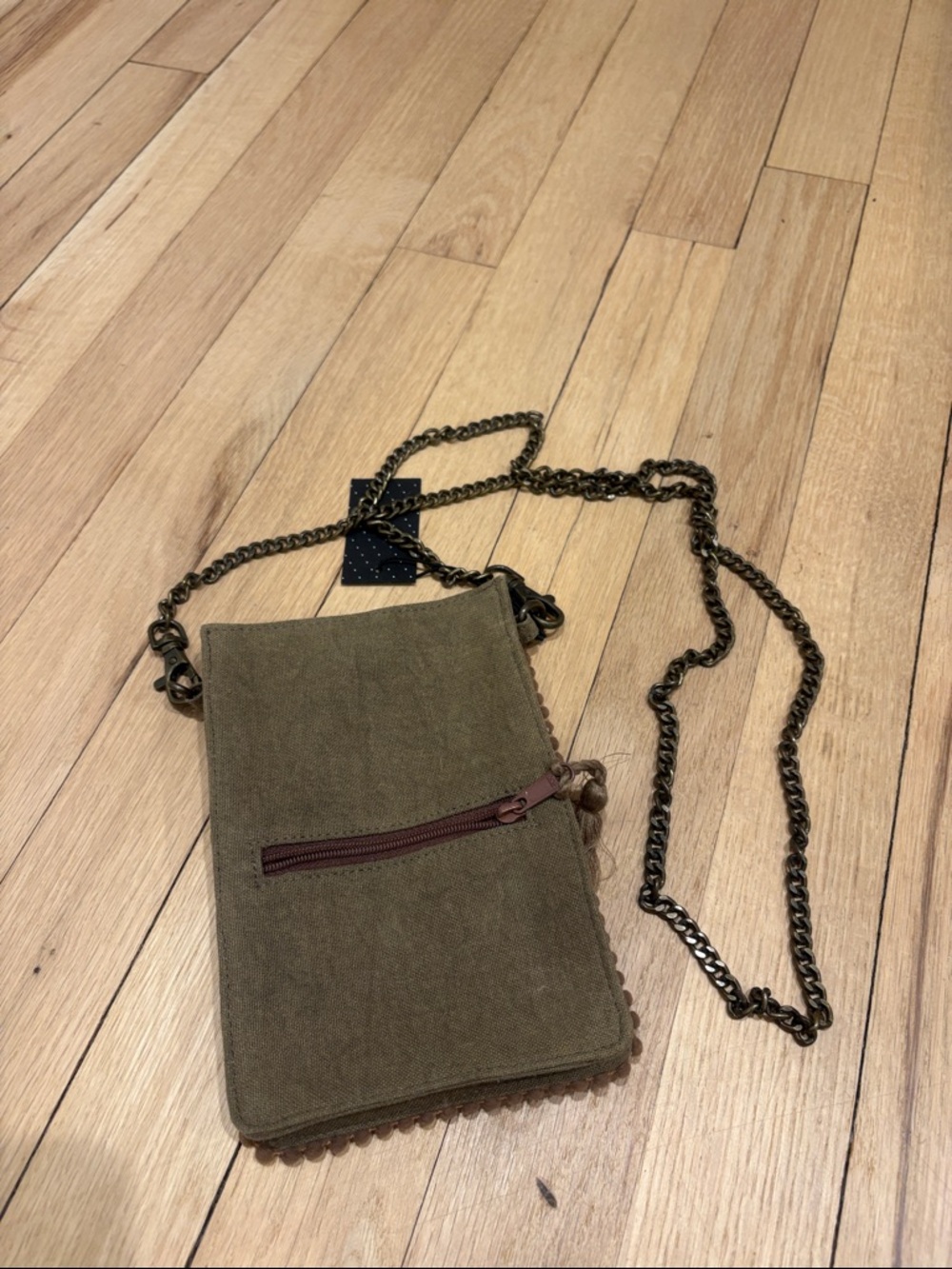 Olive Green Embroidered Crossbody Bag with Chain Strap - Picture 2 of 5